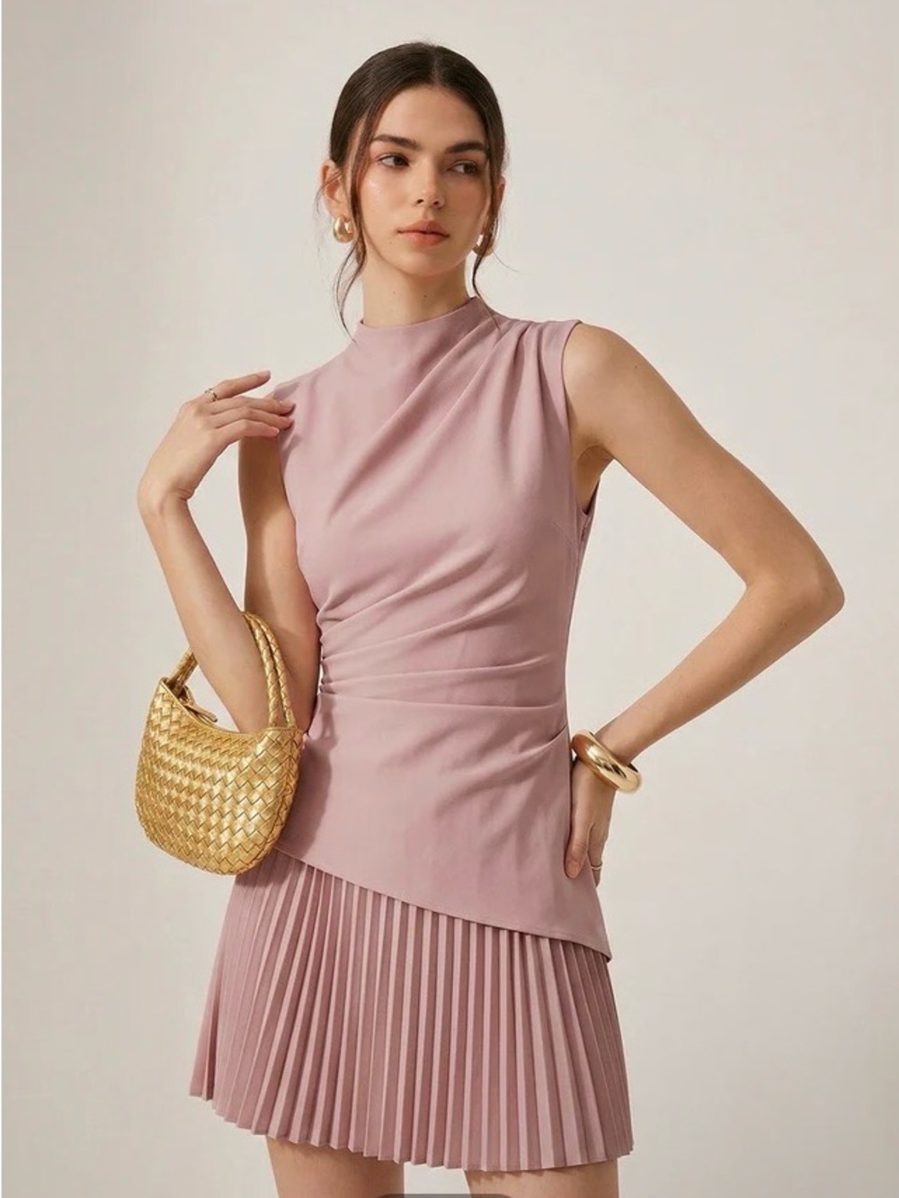Commense Sleeveless Pleled Midi Dress in Dusty Pink